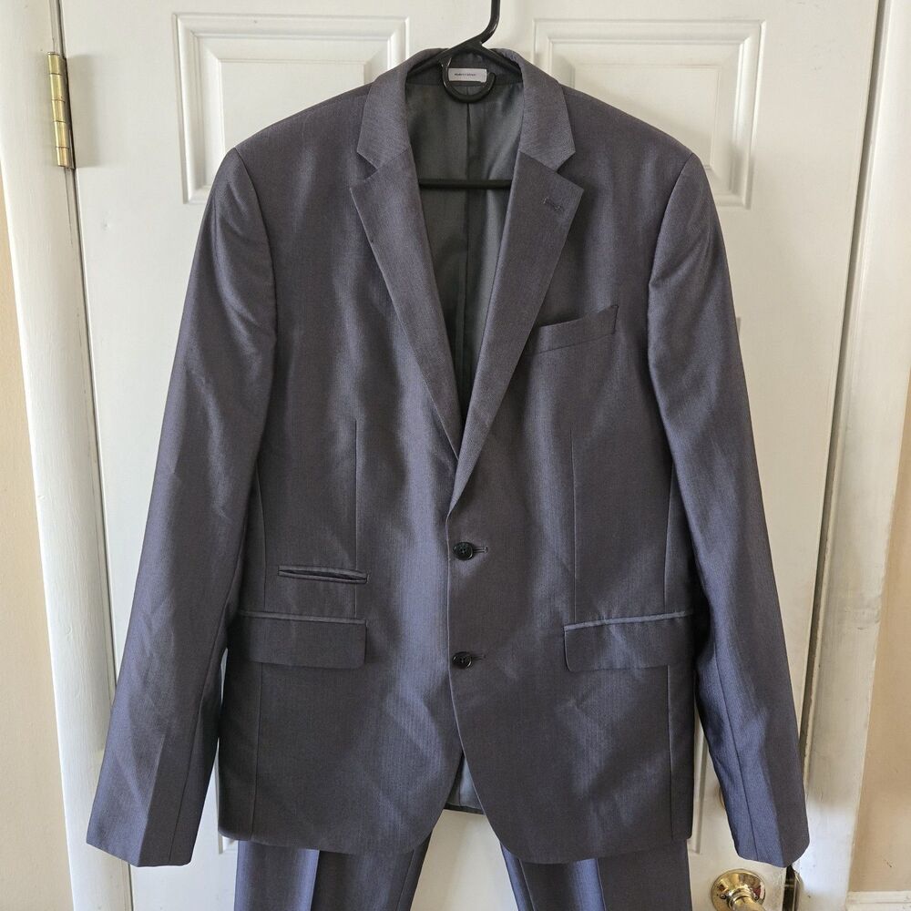 JF J.Ferrar Slim Fit Gray Suit 42L 34x34 Mens 2 Piece Modern Formal Suit Set EUC